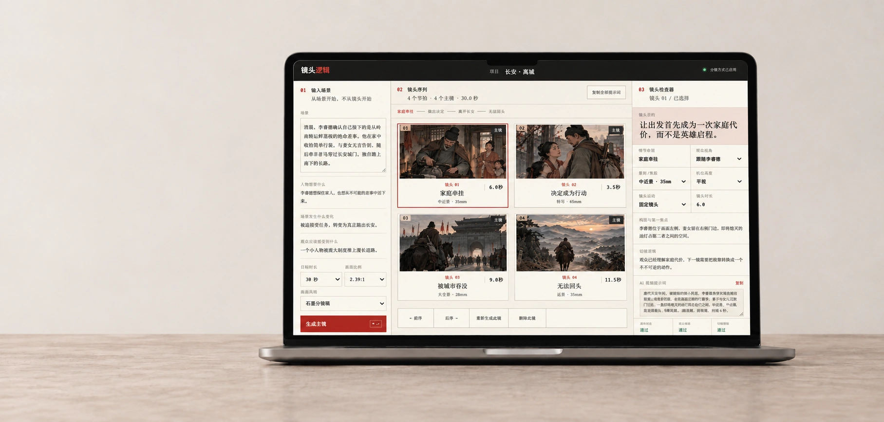Shotline 分镜制作界面展示:从场景输入、镜头序列到镜头检查器,在生成前组织叙事与镜头逻辑。