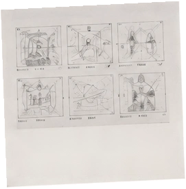 Six hand-drawn storyboard frames on an archival sheet of paper.